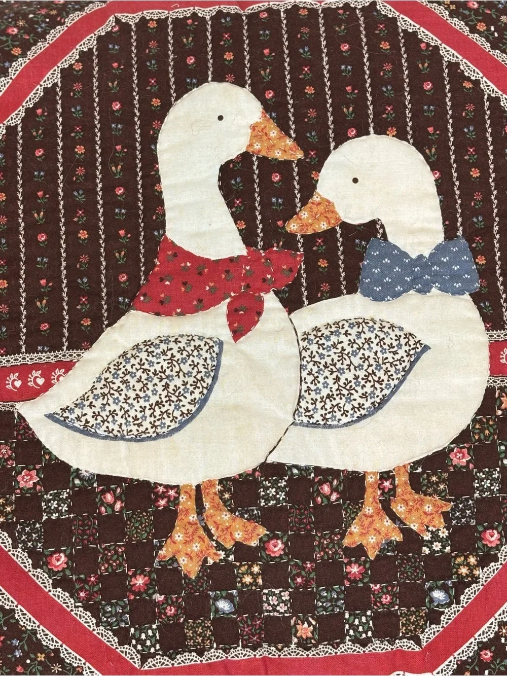 VTG Accent Pillow  Ducks Geese W/ Ribbon Cranston 15x15 Grandma Cottage Core